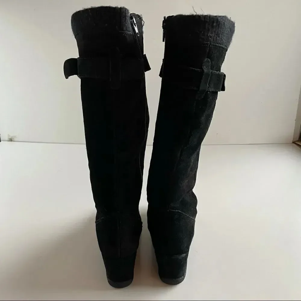Black suede Sz 8 real leather wedge heel heeled over the knee or knee boots